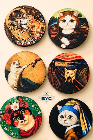 Sanat Eseri Kedi Tasarımlı 6 Lı Bardak Altlığı Seti 9 Cm, 3 Mm Mdf, Uv Dijital Baskı Çok Renkli