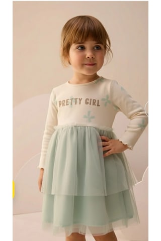 Fidekids Fiyonklu Simli Baskı Tüllü Kız Çocuk Elbise 3-6 Yaş Mint - Yeşil