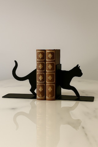 Kedi Figürlü Metal Kitap Tutucu 2 Li Set Dekoratif Hayvan Temalı Kitaplık Aksesuarı