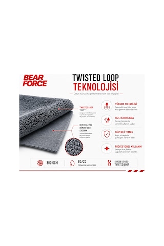 Robeve Bear Force Araç Kurulama Havlusu 60x80 Cm 800 Gsm Twisted Loop Mikrofiber Oto Kurulama Bezi Yüksek Su Emici Çiziksiz Araç Kurulama Havlusu Profesyonel Araç Bakım Ve Oto Yıkama Bezi