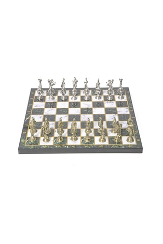 Lüks Metal Satranç Takımı Krom Kaplama Roma Ordusu Figür & Zümrüt Yeşili Mermer Desenli Tahta 20 Cm.