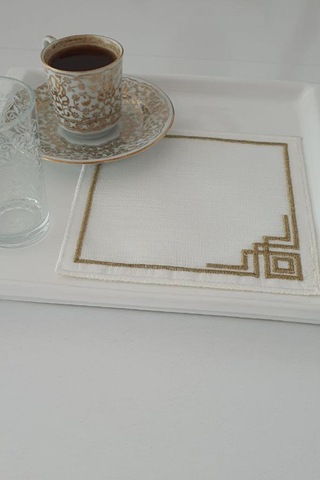 Köşe Nakışlı Keten Kare Bardak Altlığı Seti 6 Lı Kahve Kahverengi