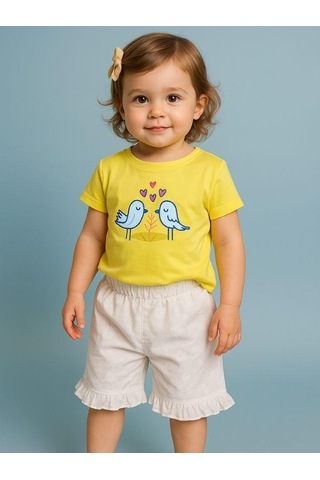 Kız Bebek Kuş Desenli Pamuklu Şortlu Takım-16072 Sari
