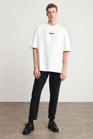 Grimelange Project Erkek Baskı Detaylı Oversize Fit %100 Organik Pamuk Örme Bisiklet Yaka Örme Beyaz T-shirt