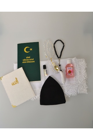 Dini Nikah Seti Kurdeleli Özel Kutu Dini Nikah Defteri, Kadife Yasin, Gelin Başörtüsü, Kristal Tesbih, Gül Suyu, Takke, Esans