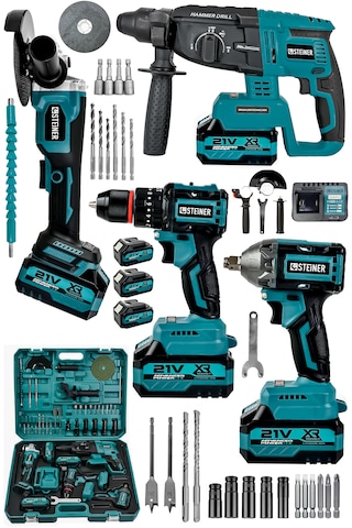 Steiner 21v Darbeli Kömürsüz Kırıcı Delici Hilti & Taşlama & Matkap & Somun Sıkma Sökme 4'lü Set Mavi