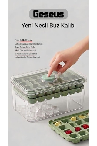Bas-çıkar Buz Kalıbı 56 Adet Buz Kapasiteli Kapaklı Saklama Kutulu