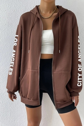 Modagen Kadın Kahverengi Kol Los Angeles Baskılı Detaylı Kapüşonlu Hırka Kahve