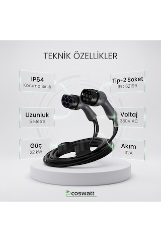 Coswatt Elektrikli Araç Tip-2 Şarj Kablosu 22kW / 32A / 5 Metre / 380V AC / Tip-2 / IEC 62196