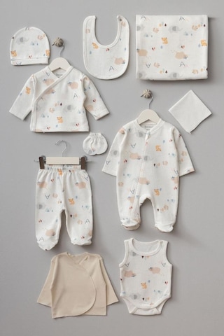 Bebitof %100 Pamuk Sevimli Hayvanlar 10 Parça Hastane Çıkışı Seti Bbtf.ekr.10082 Ekru