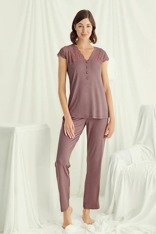 Monamise 18509 Kadın V Yaka Dantelli Düğmeli Kısa Kollu Pijama Takımı-kahve Kahve