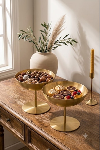 Lüks İnce Ayaklı Gold Metal Çerezlik Ve Sunumluk İkili Set - Dekoratif Tatlılık Ve İkramlık Kasesi