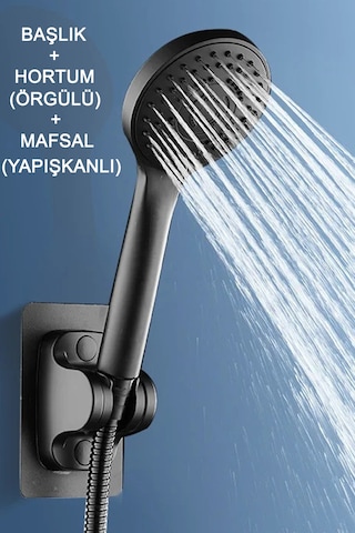 Siyah Mamba 5 Fonksiyonlu Banyo Duş Başlığı 1,5 Metre Hortum Ve Yapışkanlı Mafsal Set Telefon Siyah