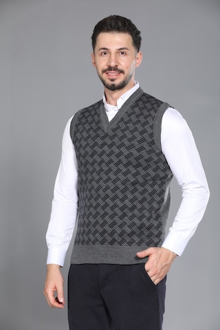 Kzc Tekstil Erkek Baba Ve Orta Yaş Desenli Akrilik Kalın Dokulu V Yaka Triko Süveter Gri