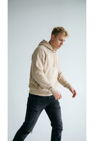 Hoxie Unisex Rahat Kesim Pamuklu Yumuşak Dokulu İçi Polarlı Basic Desenli Kapüşonlu Sweatshirt Bej