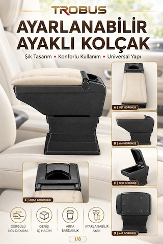 Trobus Renault Clio 3 2005-2012 Uyumlu Ayarlanabilir Ayaklı Kolçak Kol Dayama Bardaklıklı Bej Siyah