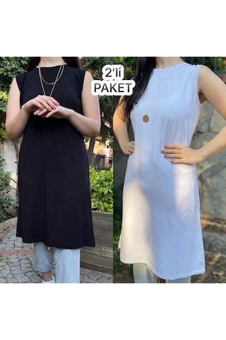 Kadın Sıfır Kol Penye Uzun Tunik İçlik Siyah Beyaz 2 Adet 001
