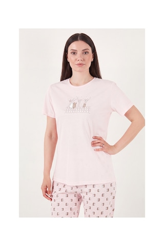 Lela Desenli Pamuklu Bisiklet Yaka Kaprili Pijama Takımı Bayan Pijama Takımı 65790787 Pudra