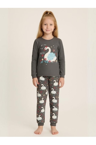 Kız Çocuk Kuğu Baskılı Pamuklu Pijama Takımı-16057 Haki