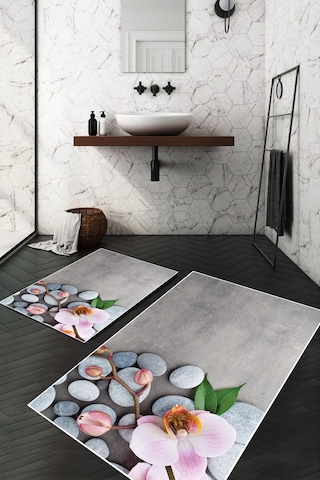 Dijital Baskılı Yıkanabilir Taş Desenli Kaymaz Taban 2'li Banyo Paspas Seti Renkli
