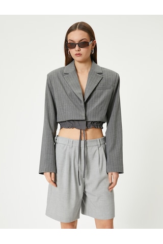 Koton Crop Blazer Ceket Bel Detaylı Bağlamalı Kruvaze Ters Yaka Gri Çizgili 4sal50012ıw Gri