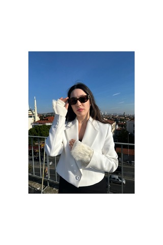 Mollycrush Kadın Peluş Detaylı Yarım Parmak Kışlık Eldiven Sıcak Tutarlı Şık Tasarım Beyaz