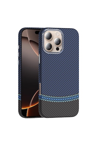 Noktaks - İphone 16 Pro Uyumlu Kılıf Magsafe Özellikli Karbon Fiber Görünümlü Gros Kapak - Siyah-lacivert - T36934