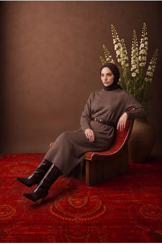 Armine Trend Yaprak Desenli Bisiklet Yaka Uzun Kollu Fitilli Detaylı Tunik Mocha 26ktd408