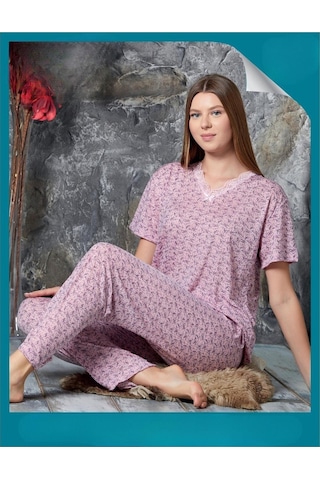 Sude Kadın Bambu Yakası Nakışlı V Yaka Kısa Kol Pijama Takımı P300/523 - 1 Adet 001