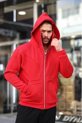 Veraura Lifestyle Erkek Maskeli Ninja Model Çift Kapüşonlu 3 İplik Şardonlu Fermuarlı Sweatshirt - Kırmızı