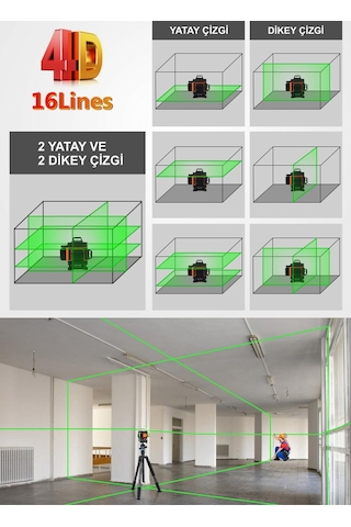 Böhrer Bh16st Profesyonel 2x Li-on Batarya 4x360 16 Satır Otomatik Hizalama Çapraz Çizgi Lazer + Kumanda
