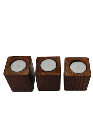 Doğal Ahşap Dekoratif Küp Mumluk 6 X 6 Cm 3 Lü Set Mum Dahil