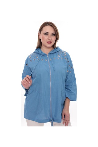 Lady Majestic Büyük Beden %100 Cotton Kapüşonlu Hırka Rahat Ve Şık Tasarım - 44462 Mavi