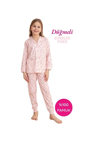 Kız Çocuk Gömlek Yaka Önden Düğmeli Pamuklu Mevsimlik Uzun Kol Pijama Takımı-dar Kalıp Pembe