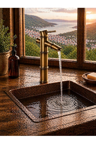 Lüx Premium Eskitme Detaylı Çanak Lavabo Bataryası Bakır