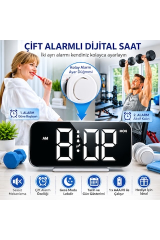 12h/24h Dijital Led Saat, Üç Ses Seviyesi, Çift Alarm, Rgb 10 Gece Lambası, 5 Parlaklık Seviyesi Siyah
