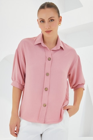 Bigdart Kadın Pembe Kısa Kol Oversize Keten Gömlek 20240 20240bgd19-035-14866 001