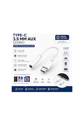 Type C 3.5 Mm Aux Kulaklık Dönüştürücü Çevirici Digital Cpu Chip Tüm Type C Cihazlarla Uyumlu