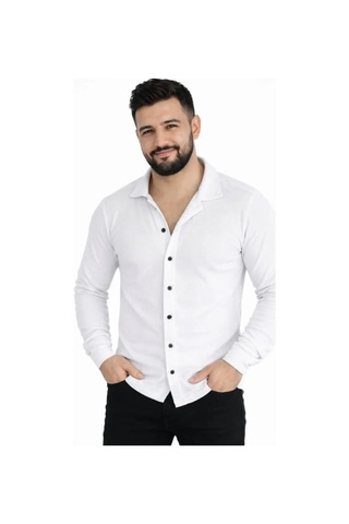 Hazego Erkek Waffle Kumaş Uzun Kollu Düğmeli Açık Yaka Regular Fit Gömlek - Beyaz