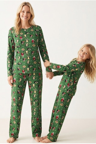 Siyah İnci %100 Pamuklu Puanlı Şeker Baston Desenli Yılbaşı Temalı Örme Pijama Takım Yeşil Penguen