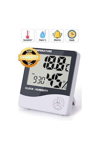 Termometre Nem Ölçer Alarm Saat Ekranlı Oda Sıcaklık Ölçer Duvara Uygun Masaüstü Isı Göstergesi 3240