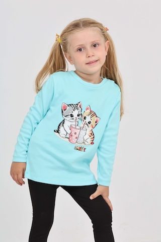 Toontoy Kız Çocuk Regular Fit Bisiklet Yaka Baskılı Sweatshirt - Tk24803 Turkuaz