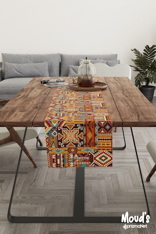 Etnik Kilim Desenli Baskılı Süet Runner Masa Örtüsü