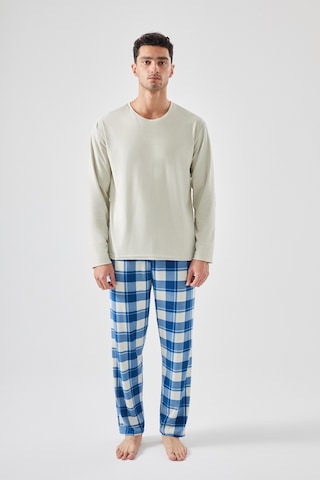 Erkek Pamuklu Uzun Kollu Yamalı Ekose Desenli Pijama Takımı Ko60104 Mavi