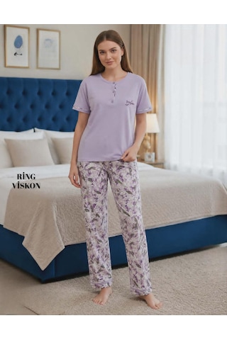 Mihra Kadın Ring Viskon Düğmeli Yaka Kısa Kol Likralı Pijama Takımı 40112m - 1 Adet Mor
