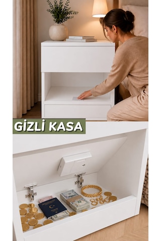 Gizli Komodin - Kasalı Komodin - Gizli Bölmeli Komodin - Akıllı Kasa - Komodin- Gizli Çekmece Komdin- Gizli Kasa Komodin- Kartlı Komodin Beyaz