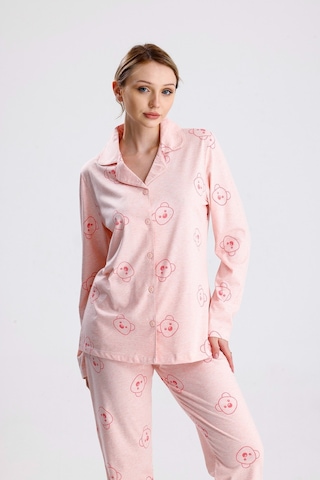 Yeni İnci Ayıcık Desen Pamuk Kadın Pijama Takım Pembe