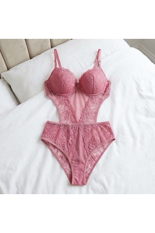 Ellovia Dolgulu Dantelli Bodysuit Sütyen Takımi B Cup Bordo