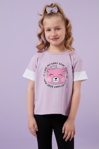Lela Pamuklu Baskılı Bisiklet Yaka Kız Çocuk T Shirt 6211038 Lila
