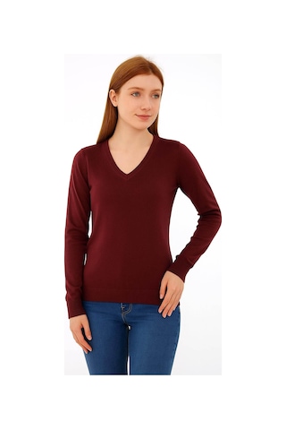 Fashion Friends Esnek V Yaka Bordo Kadın Kazak 25k0778k1 Bordo